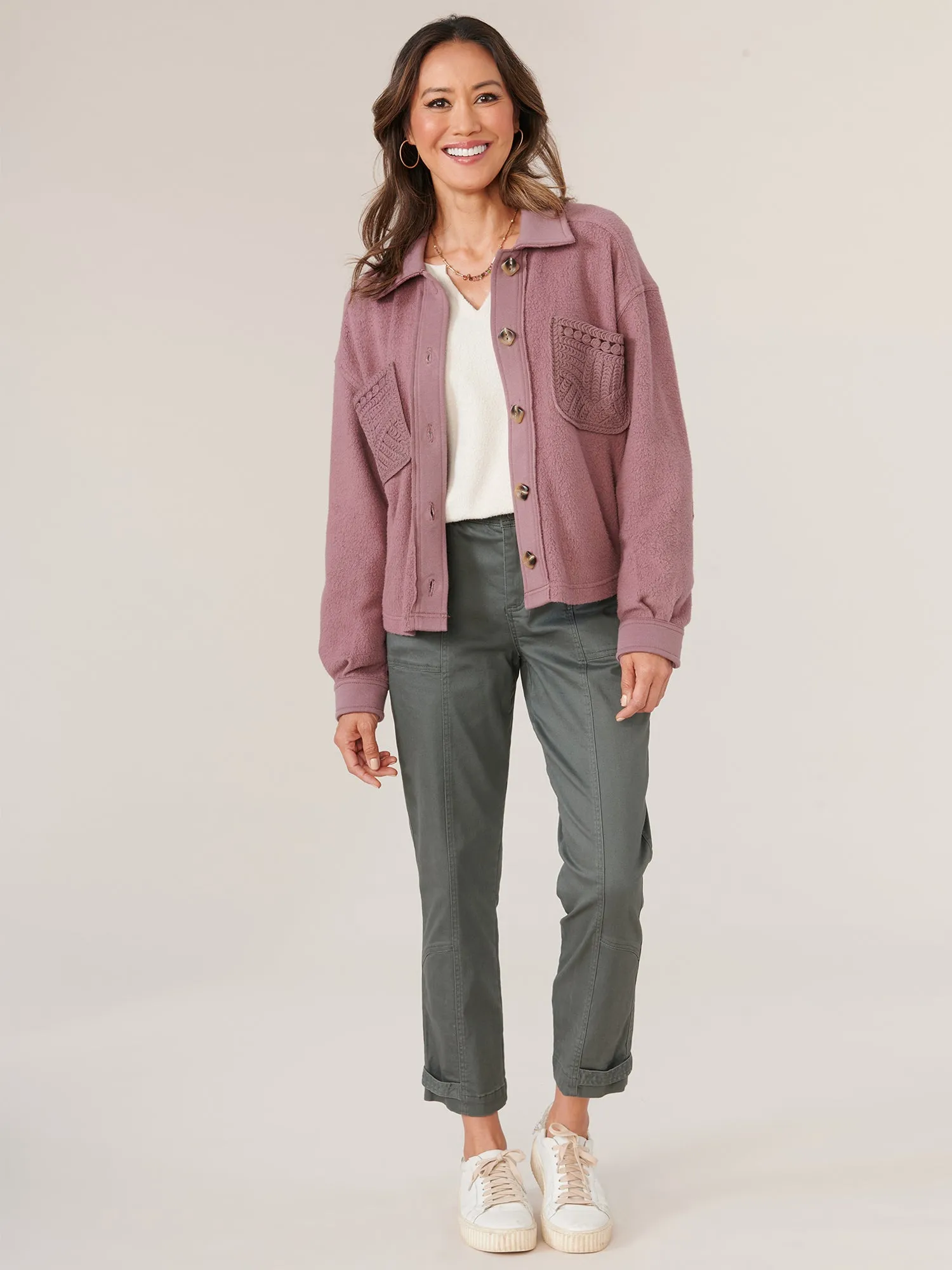 Long Sleeve Button Up Passimenterie Patch Pocket Cropped Jacket