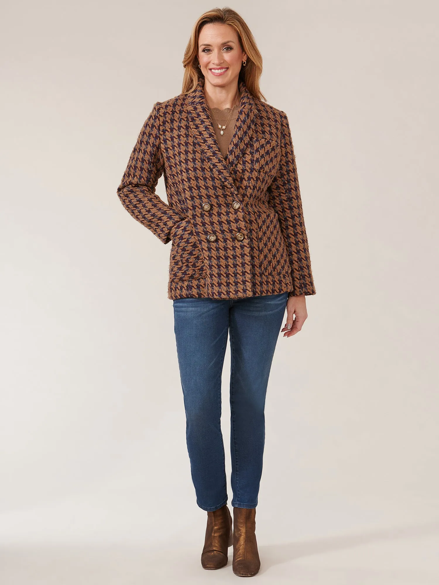 Long Sleeve Patch Pocket Houndstooth Double Breasted Blazer