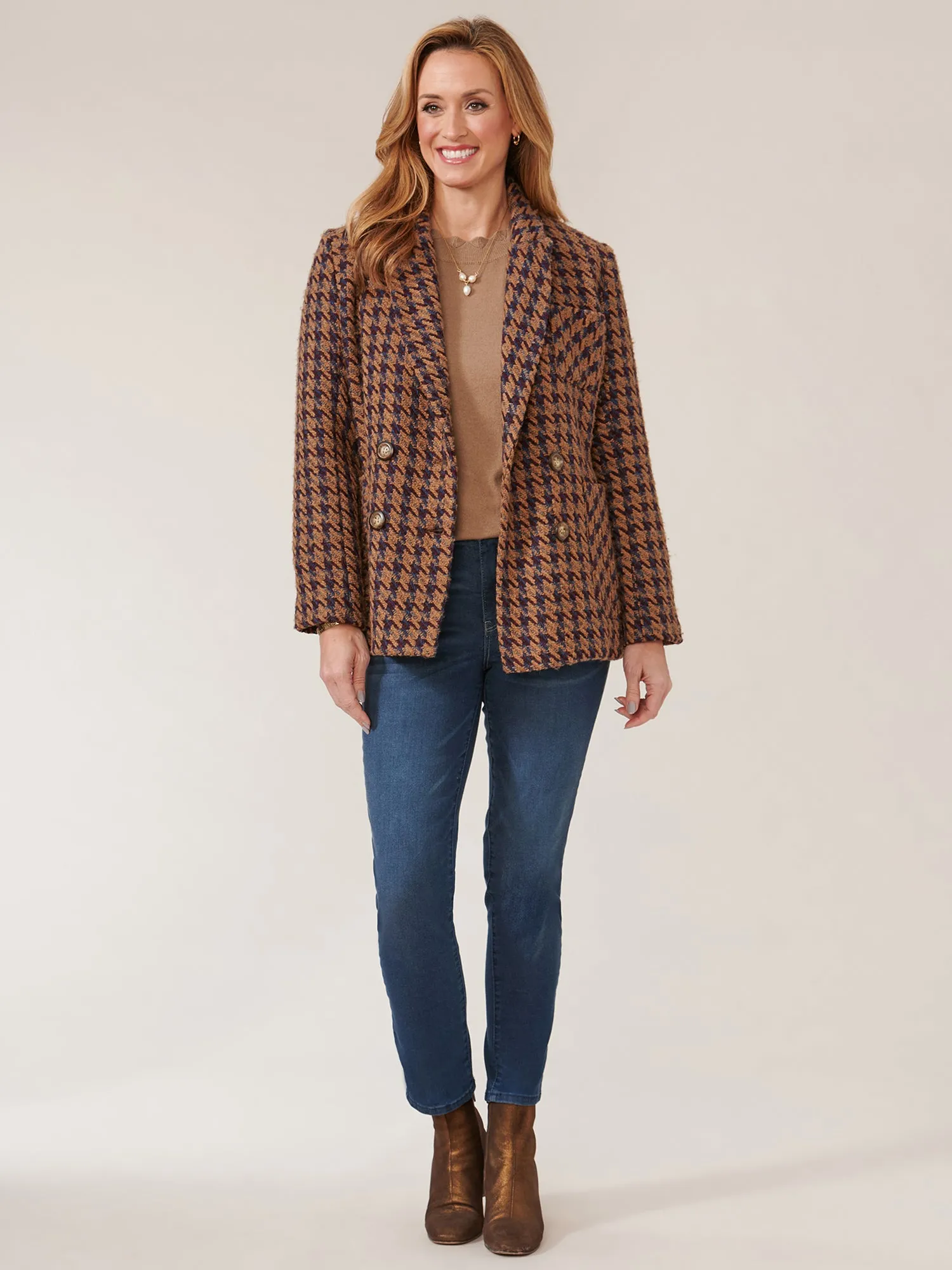 Long Sleeve Patch Pocket Houndstooth Double Breasted Blazer