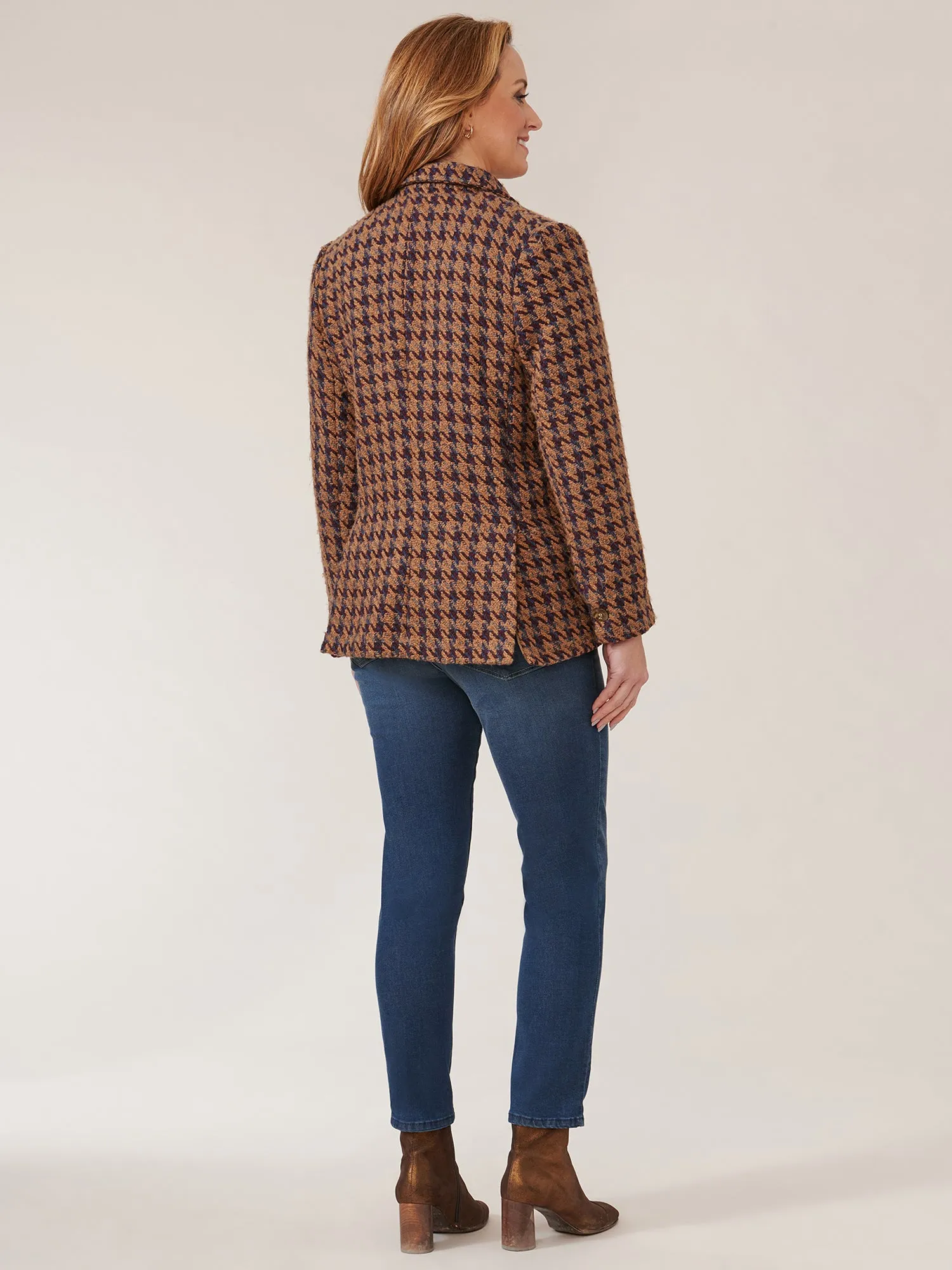 Long Sleeve Patch Pocket Houndstooth Double Breasted Blazer