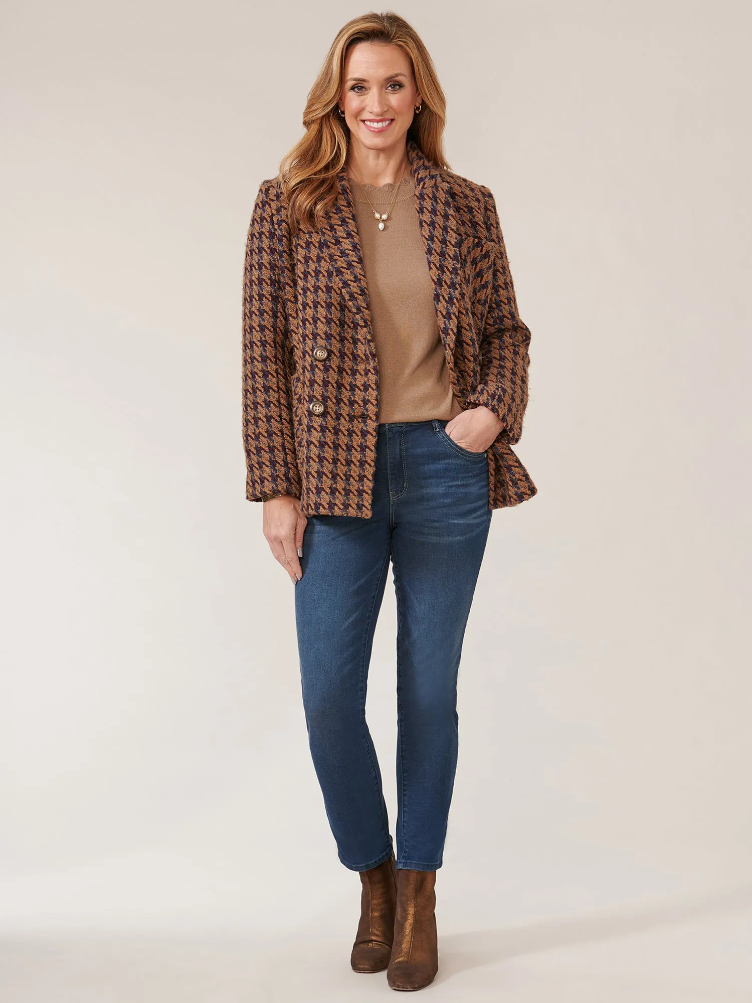 Long Sleeve Patch Pocket Houndstooth Double Breasted Blazer