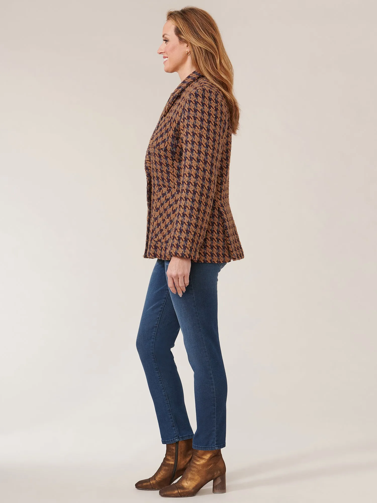 Long Sleeve Patch Pocket Houndstooth Double Breasted Blazer