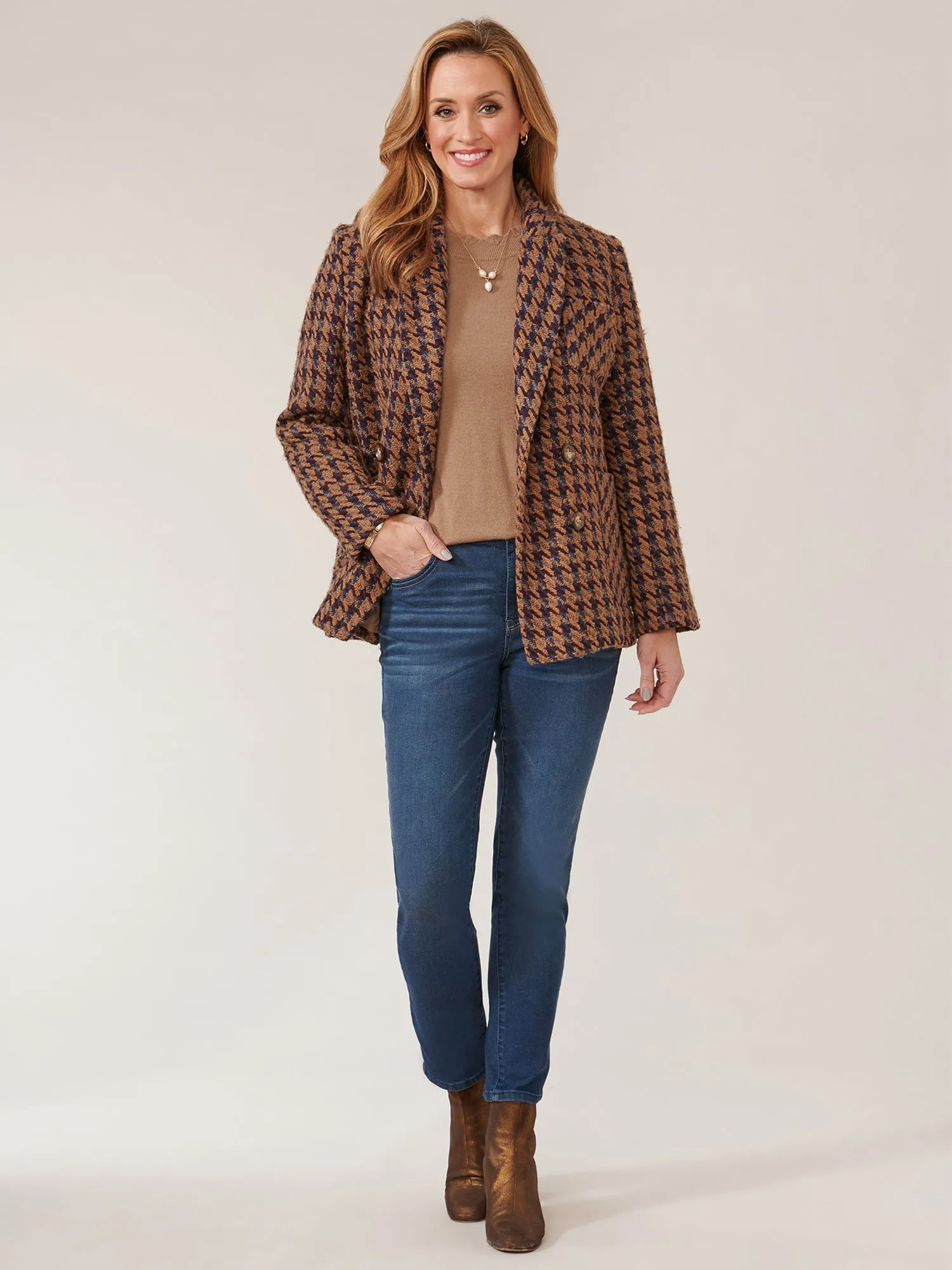 Long Sleeve Patch Pocket Houndstooth Double Breasted Blazer