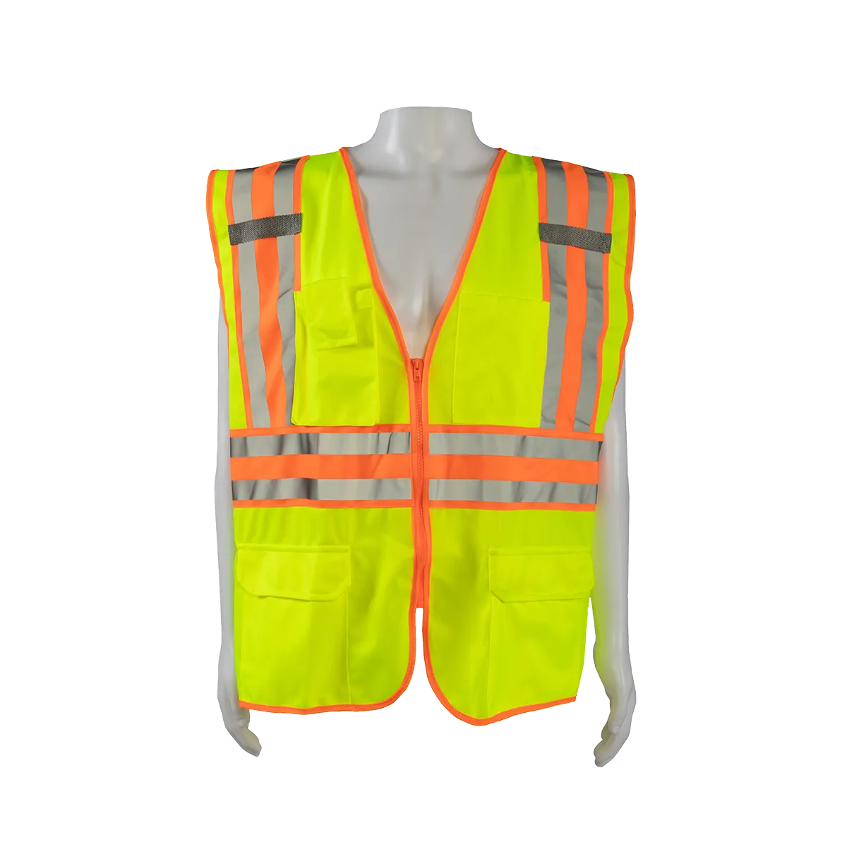 LV2-CB2 ANSI Class II Deluxe Two Tone DOT Safety Vest, Lime Solid Orange Contrast