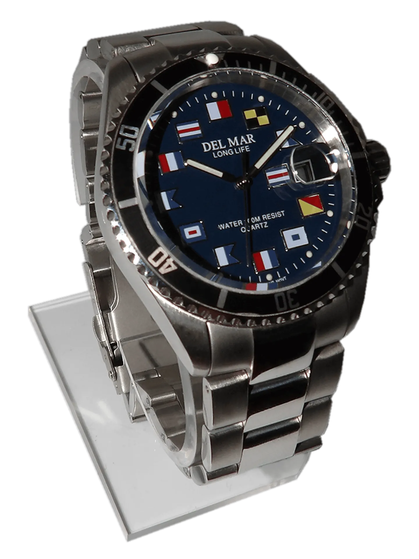Men's Long Life Nautical Blue Face/Black Bezel SS Watch #50404