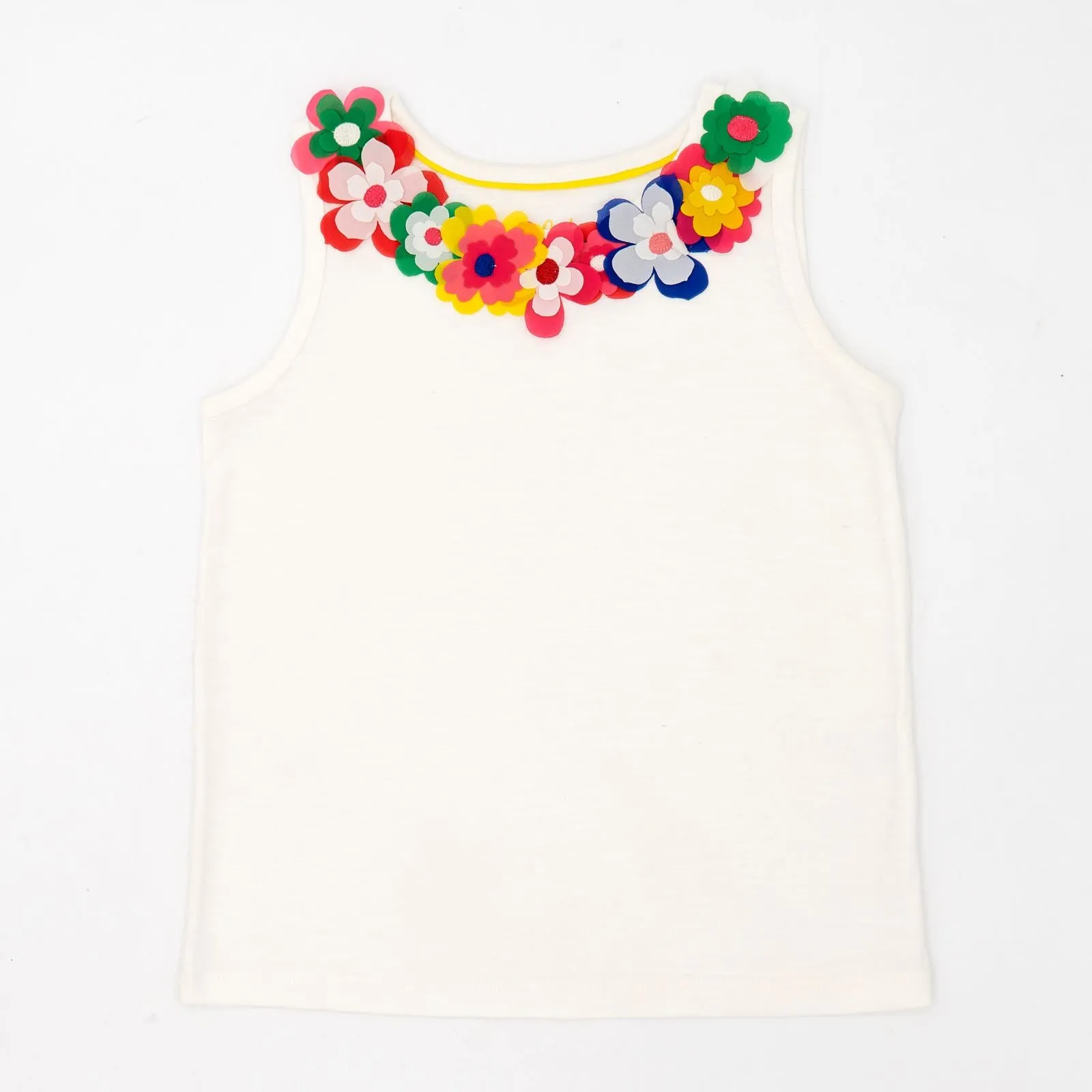 Mini Boden Girls White 3D Floral Cotton Vest Sleeveless Summer Tops
