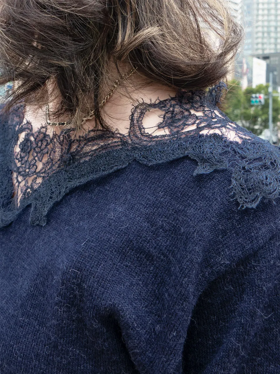 Navy Asymmetrical Lace Collar Batwing Mohair Merino Blend Jumper