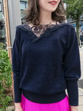 Navy Asymmetrical Lace Collar Batwing Mohair Merino Blend Jumper