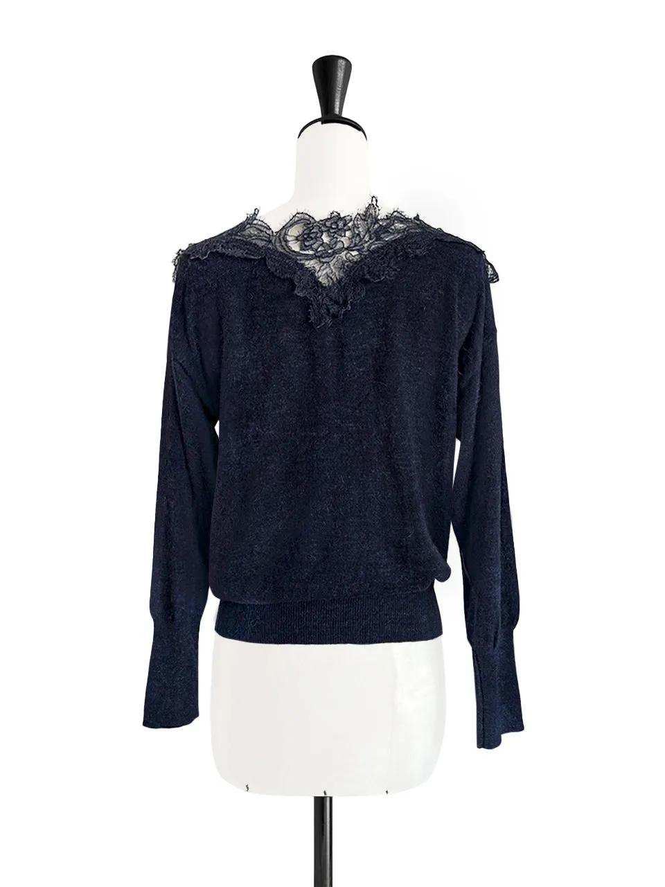 Navy Asymmetrical Lace Collar Batwing Mohair Merino Blend Jumper