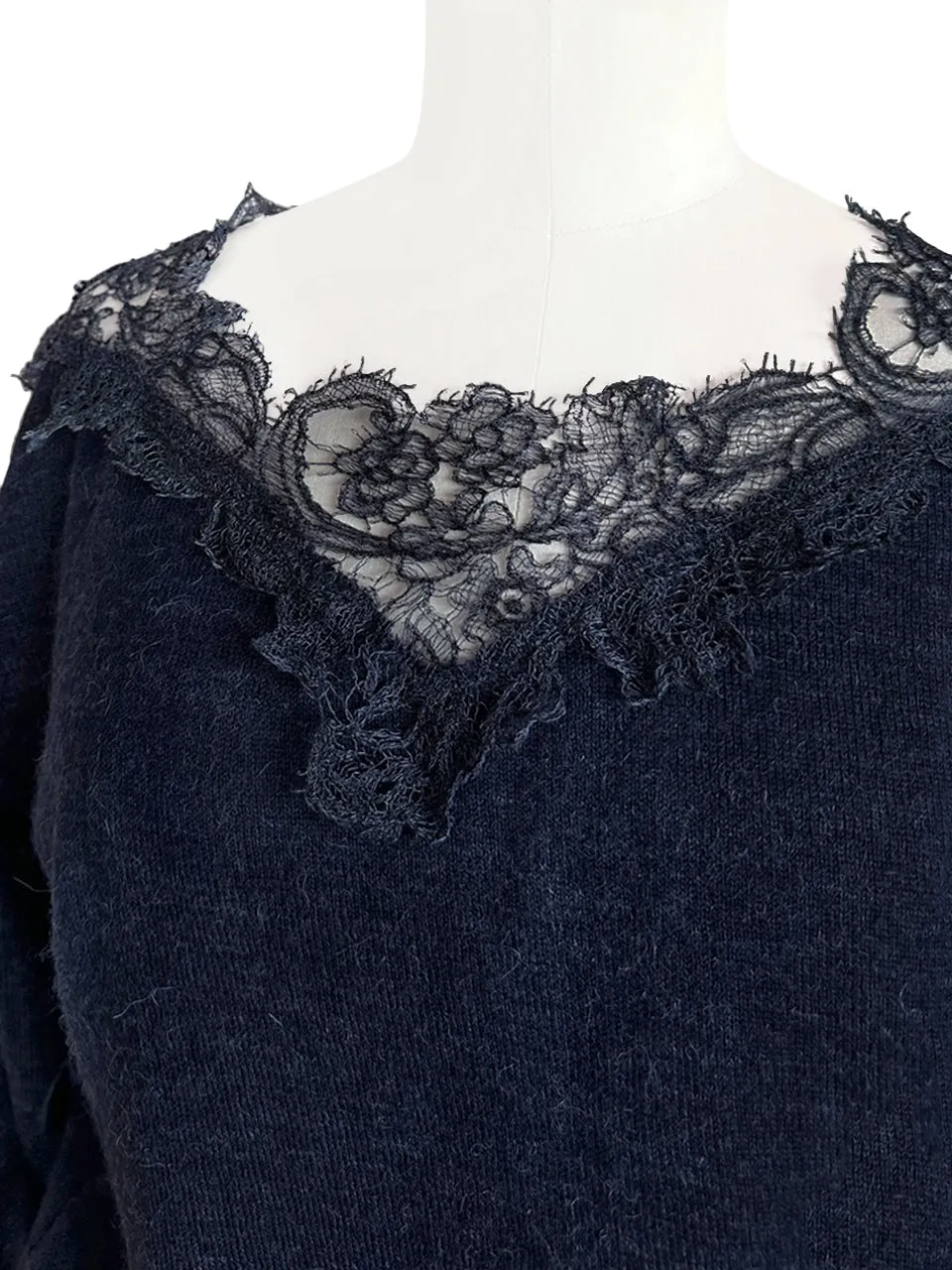 Navy Asymmetrical Lace Collar Batwing Mohair Merino Blend Jumper
