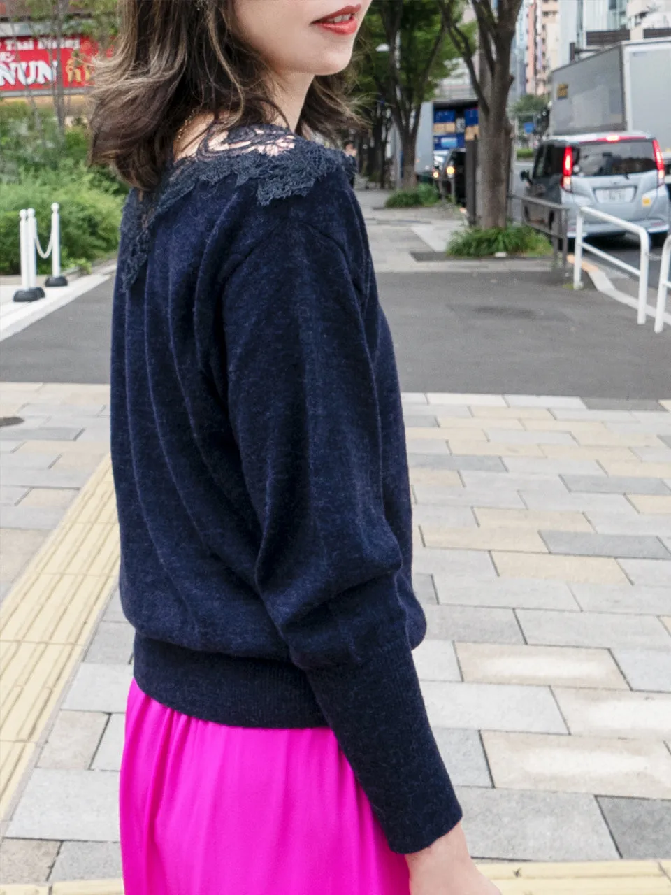 Navy Asymmetrical Lace Collar Batwing Mohair Merino Blend Jumper