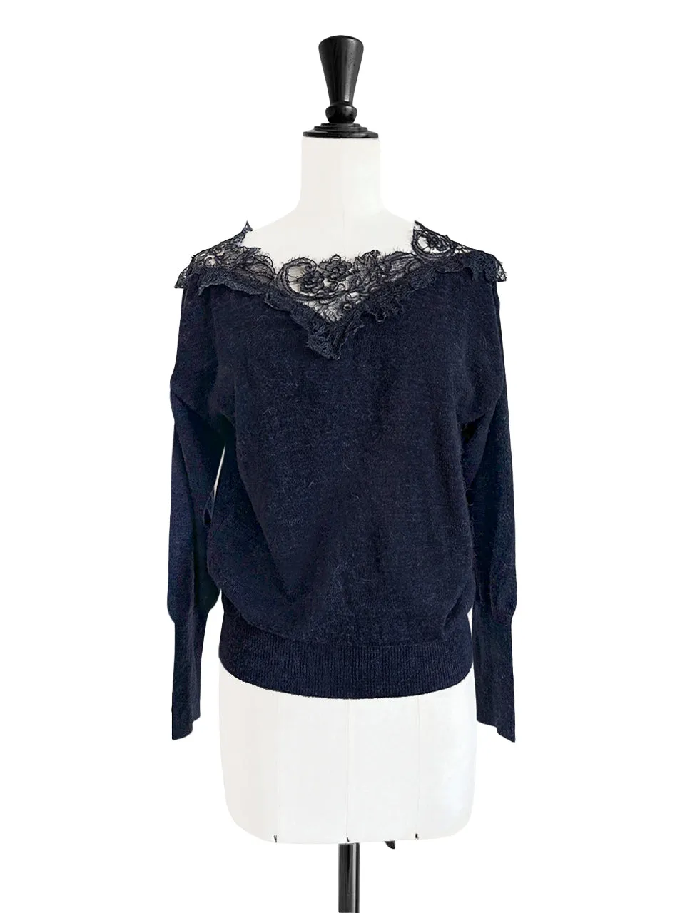 Navy Asymmetrical Lace Collar Batwing Mohair Merino Blend Jumper