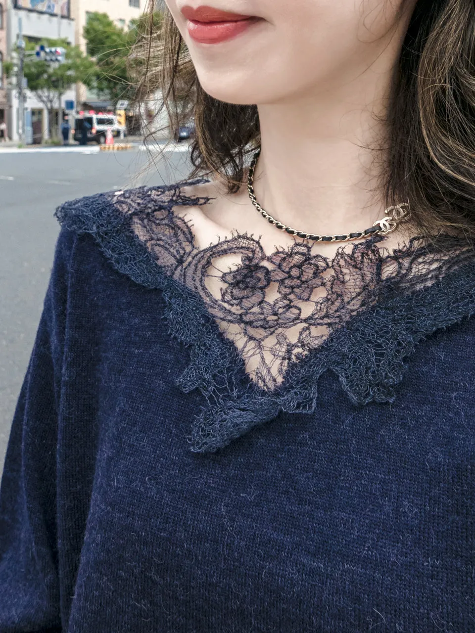 Navy Asymmetrical Lace Collar Batwing Mohair Merino Blend Jumper