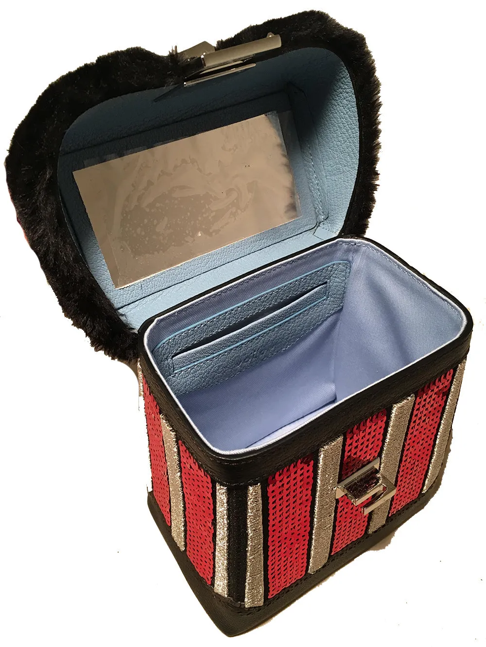 NWT The Volon Red Sequin & Black Fur Great Box Bag