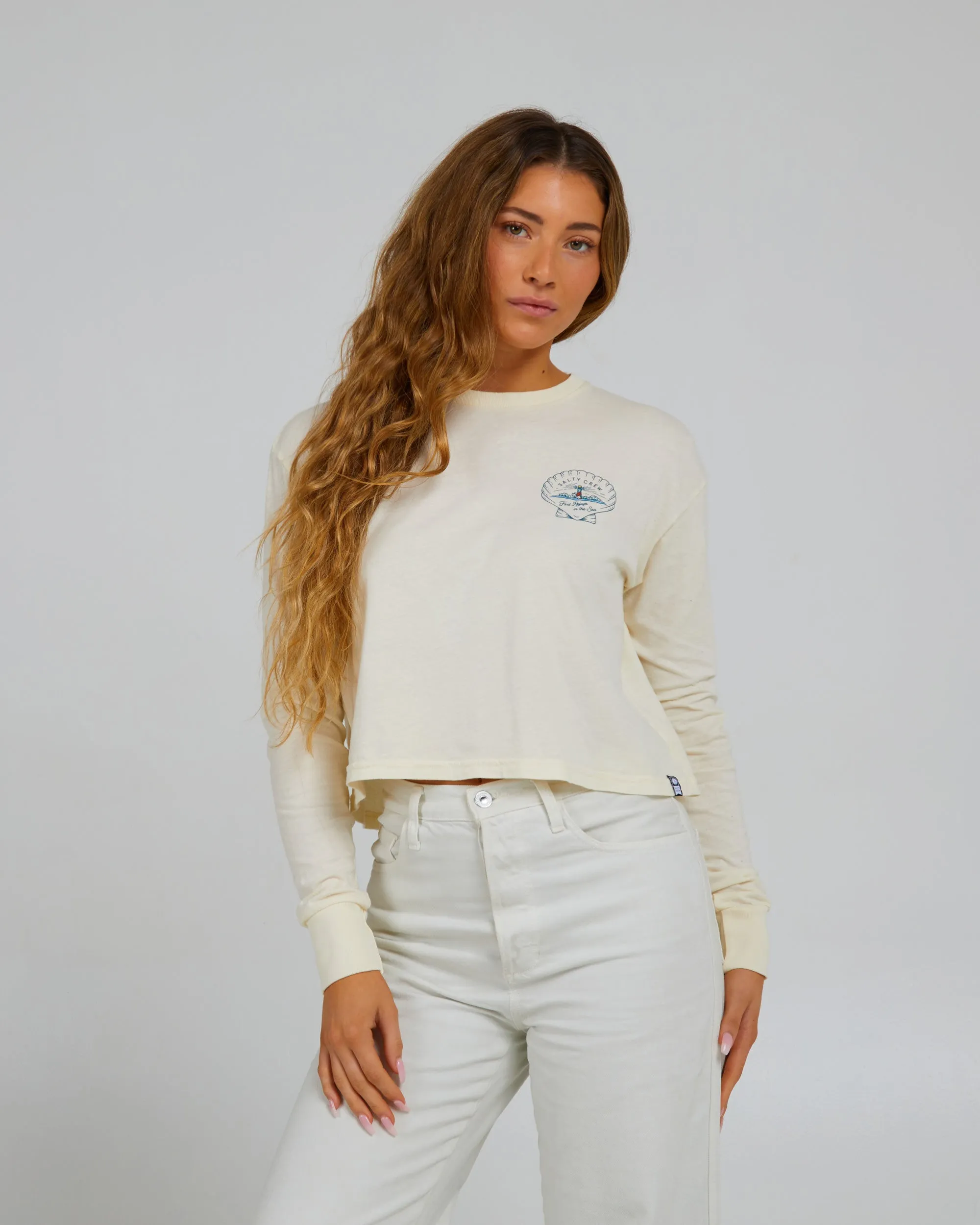Scallop Off White L/S Crop