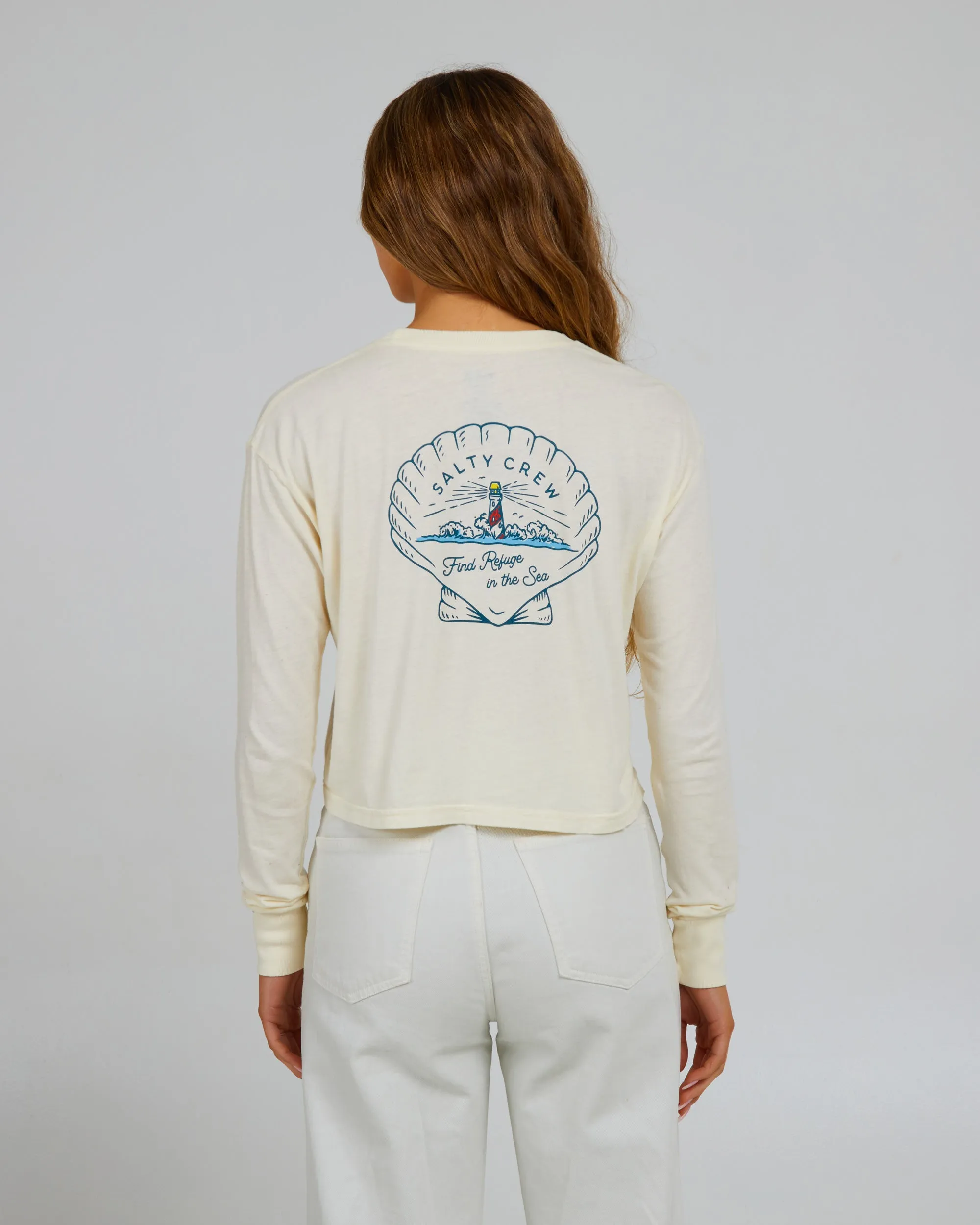 Scallop Off White L/S Crop