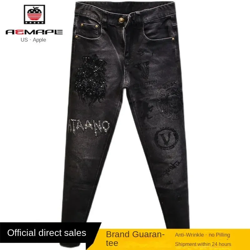 Stretch Men's High-end Rhinestone Jeans Stretch Slim Fit Casual Spring Autumn Denim Trousers Black Jeans for Men