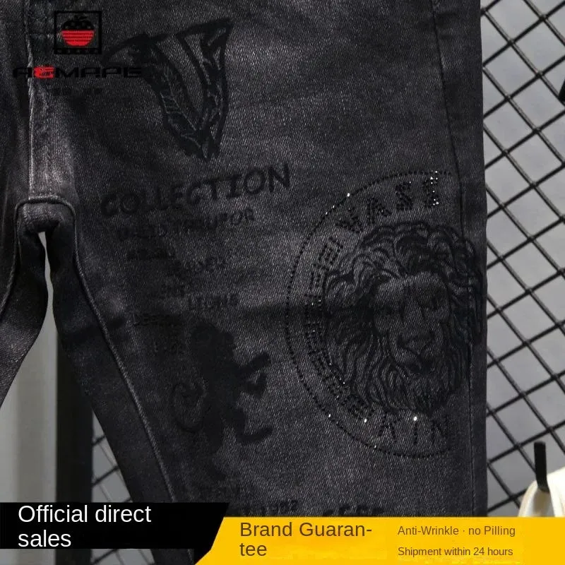Stretch Men's High-end Rhinestone Jeans Stretch Slim Fit Casual Spring Autumn Denim Trousers Black Jeans for Men