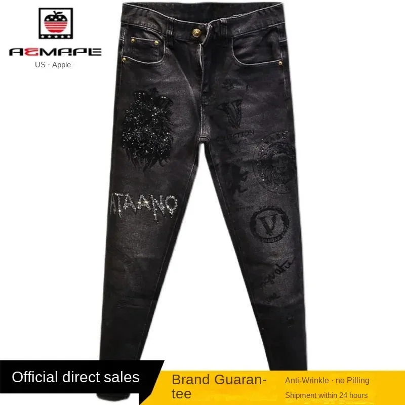 Stretch Men's High-end Rhinestone Jeans Stretch Slim Fit Casual Spring Autumn Denim Trousers Black Jeans for Men