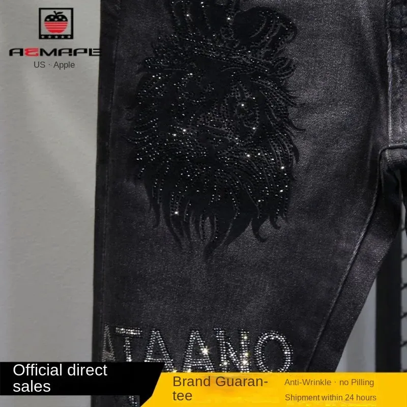 Stretch Men's High-end Rhinestone Jeans Stretch Slim Fit Casual Spring Autumn Denim Trousers Black Jeans for Men