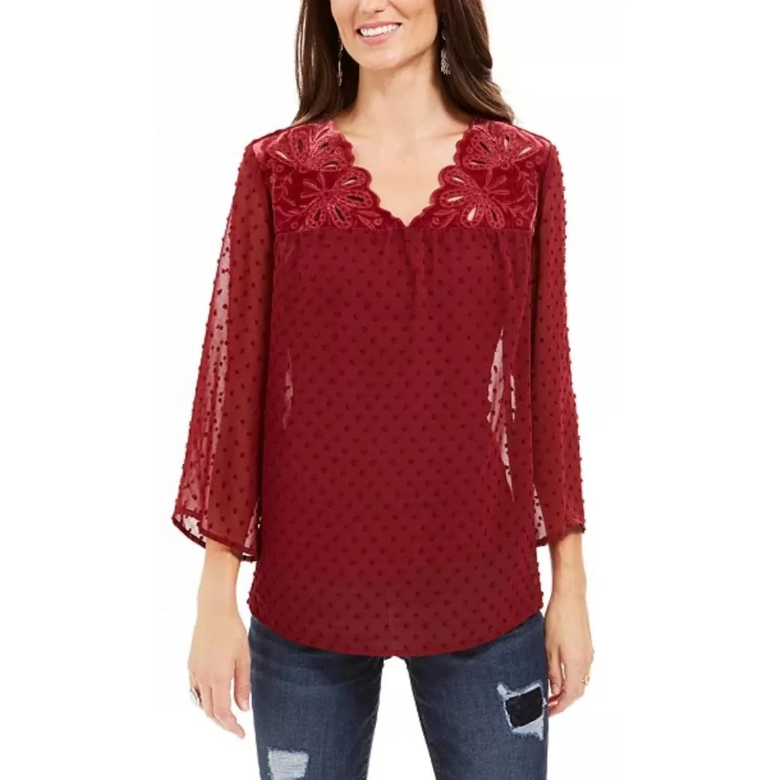 Style & Co Mixed Media Sheer Sleeve Blouse Top