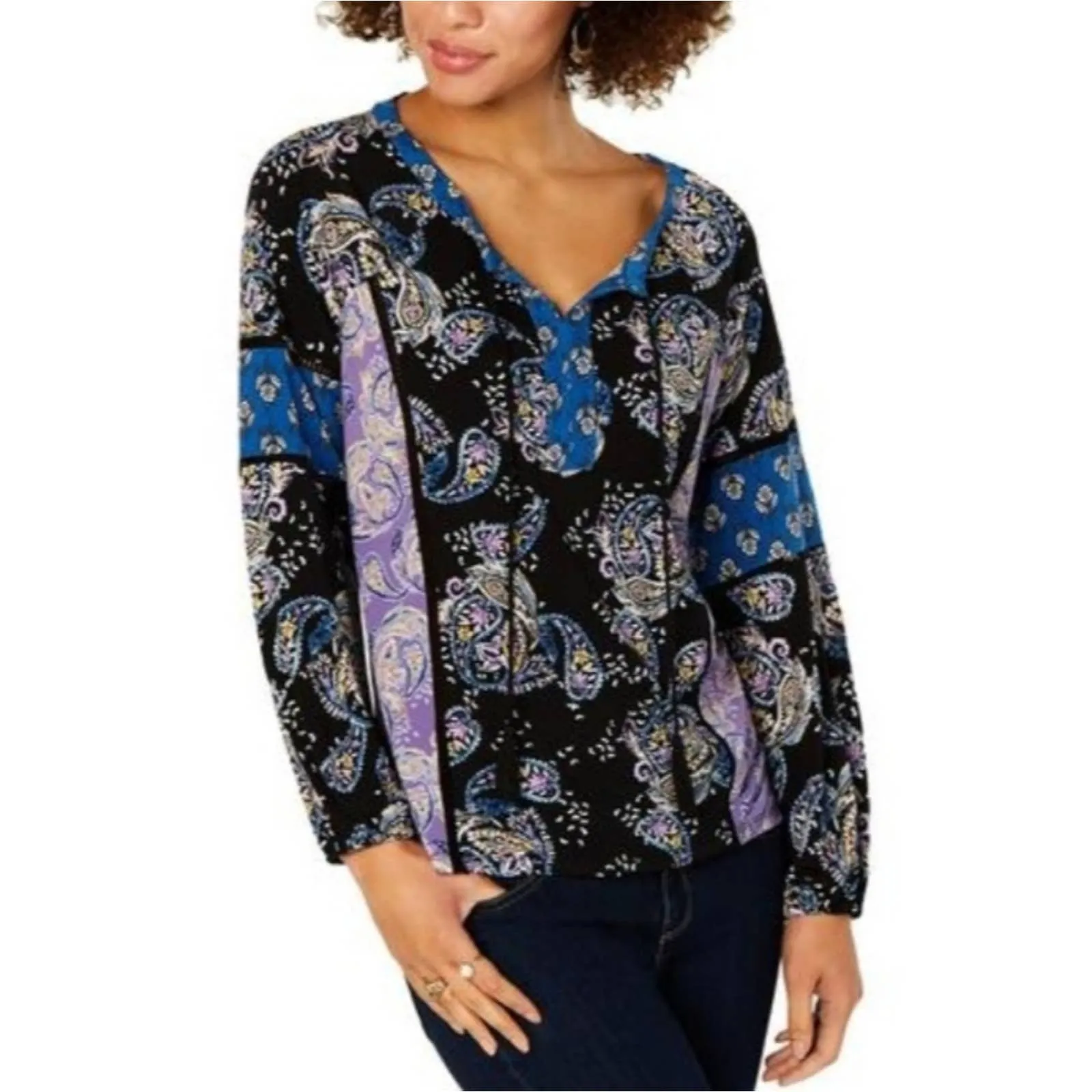 Style & Co Split Neck Peasant Top OX Paisley