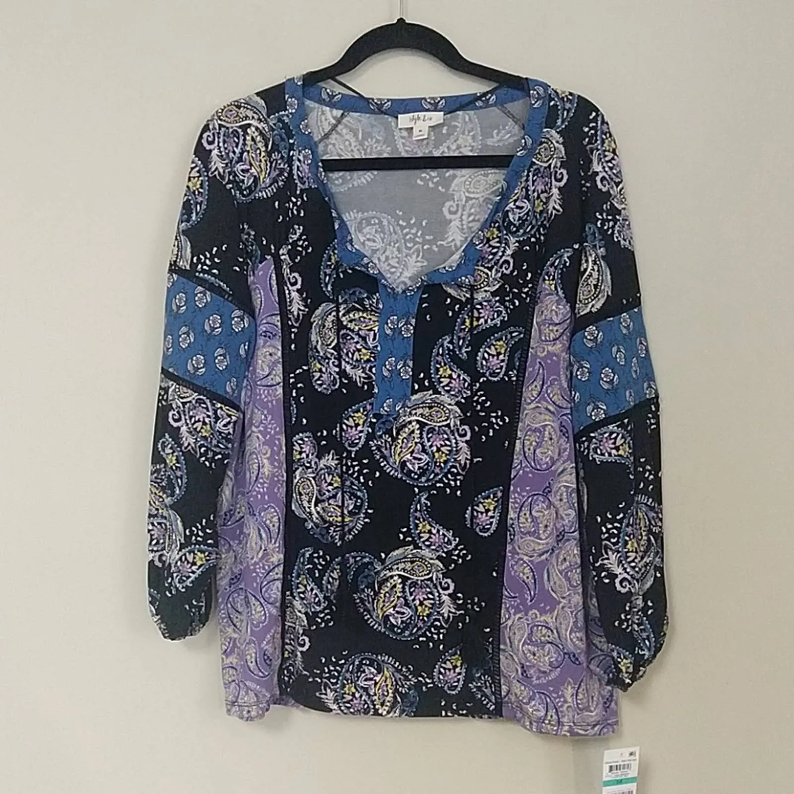Style & Co Split Neck Peasant Top OX Paisley