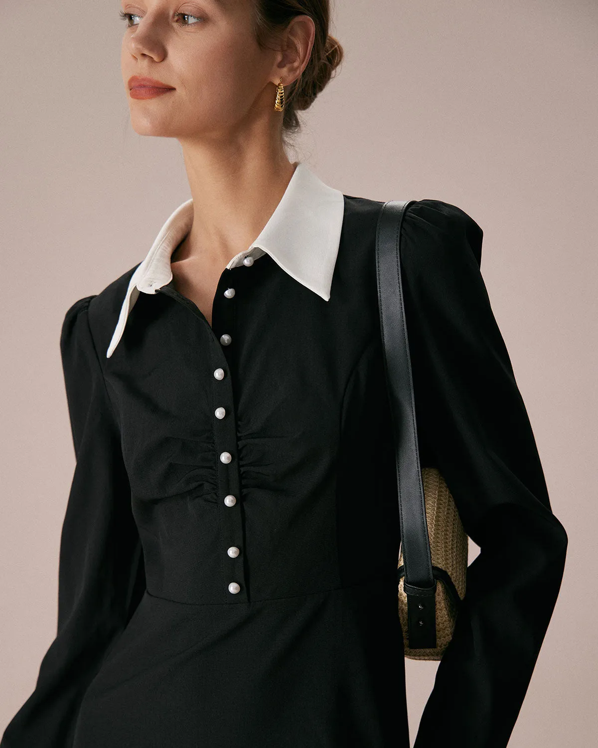 The Black Lapel Colorblock Ruched Mini Dress