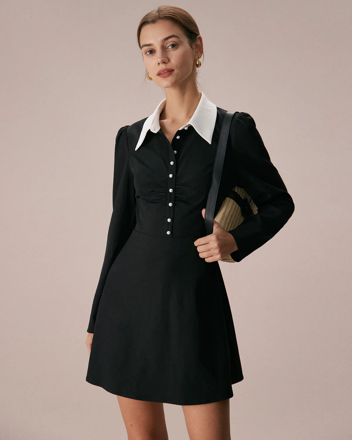 The Black Lapel Colorblock Ruched Mini Dress