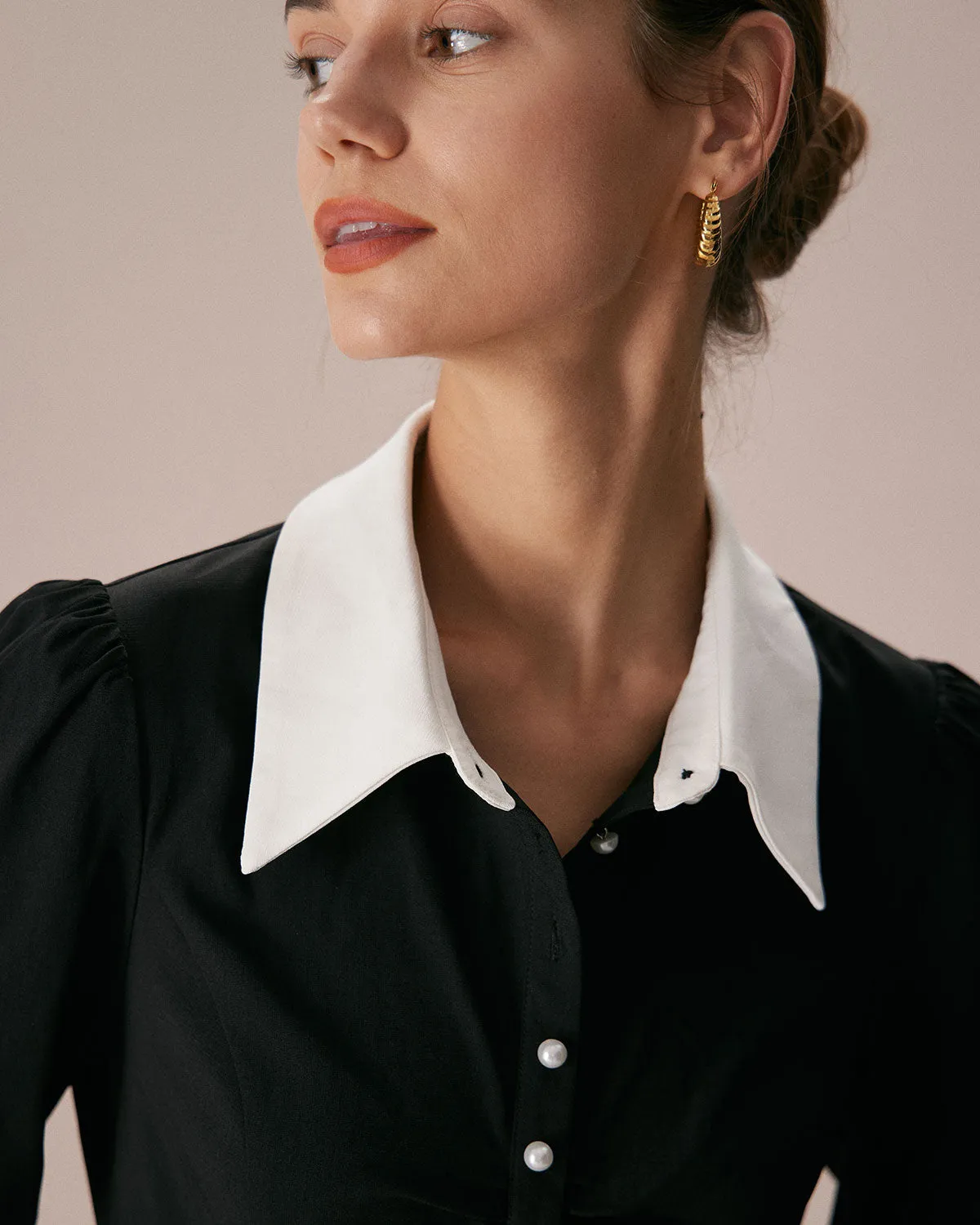 The Black Lapel Colorblock Ruched Mini Dress
