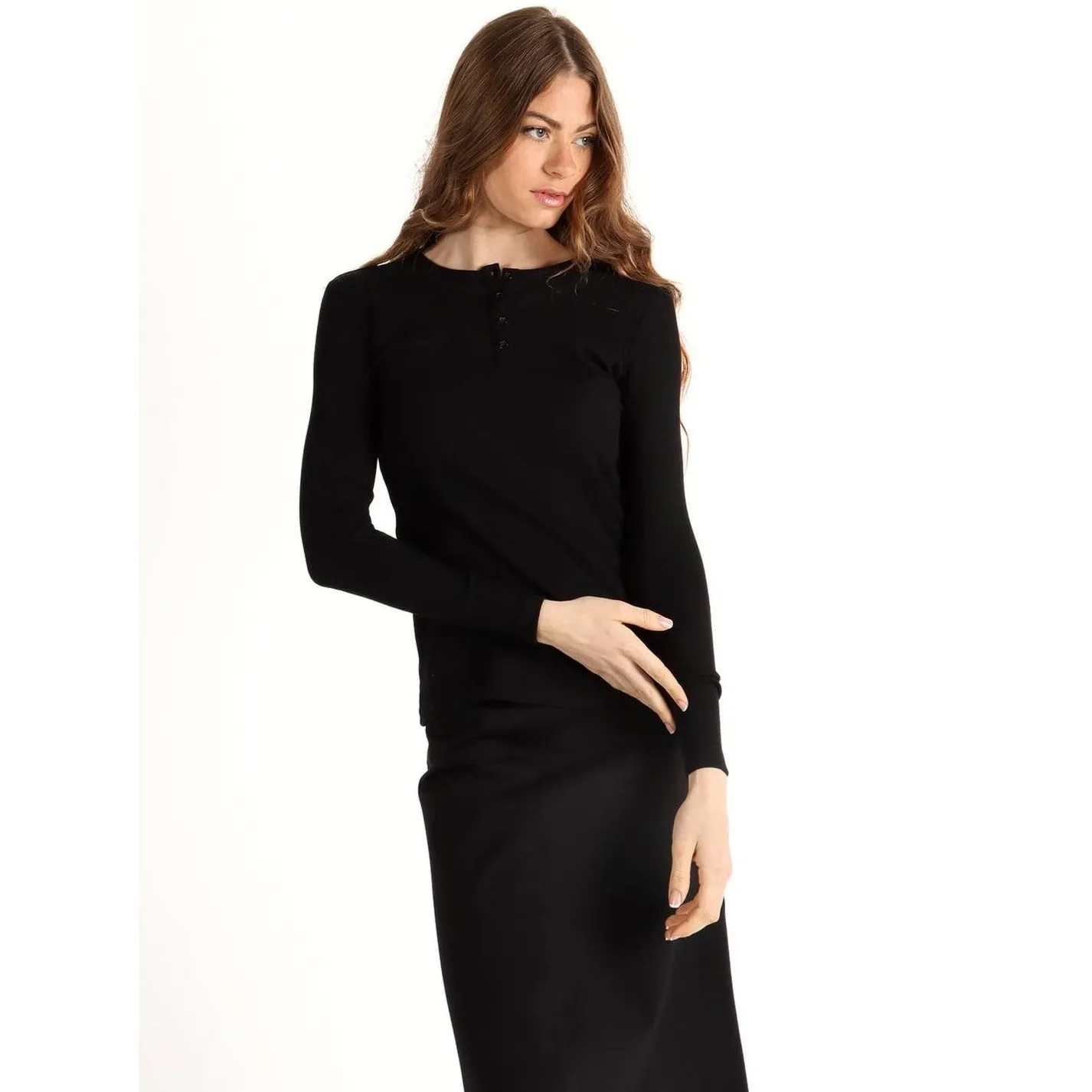 Women's Long Sleeve Ribbed Henley Top